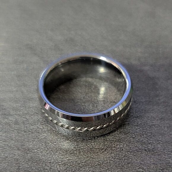 Engraved Men's Real Silver Tungsten Wedding Ring Twisted Wire Cable Inlay - Picture 4 of 7